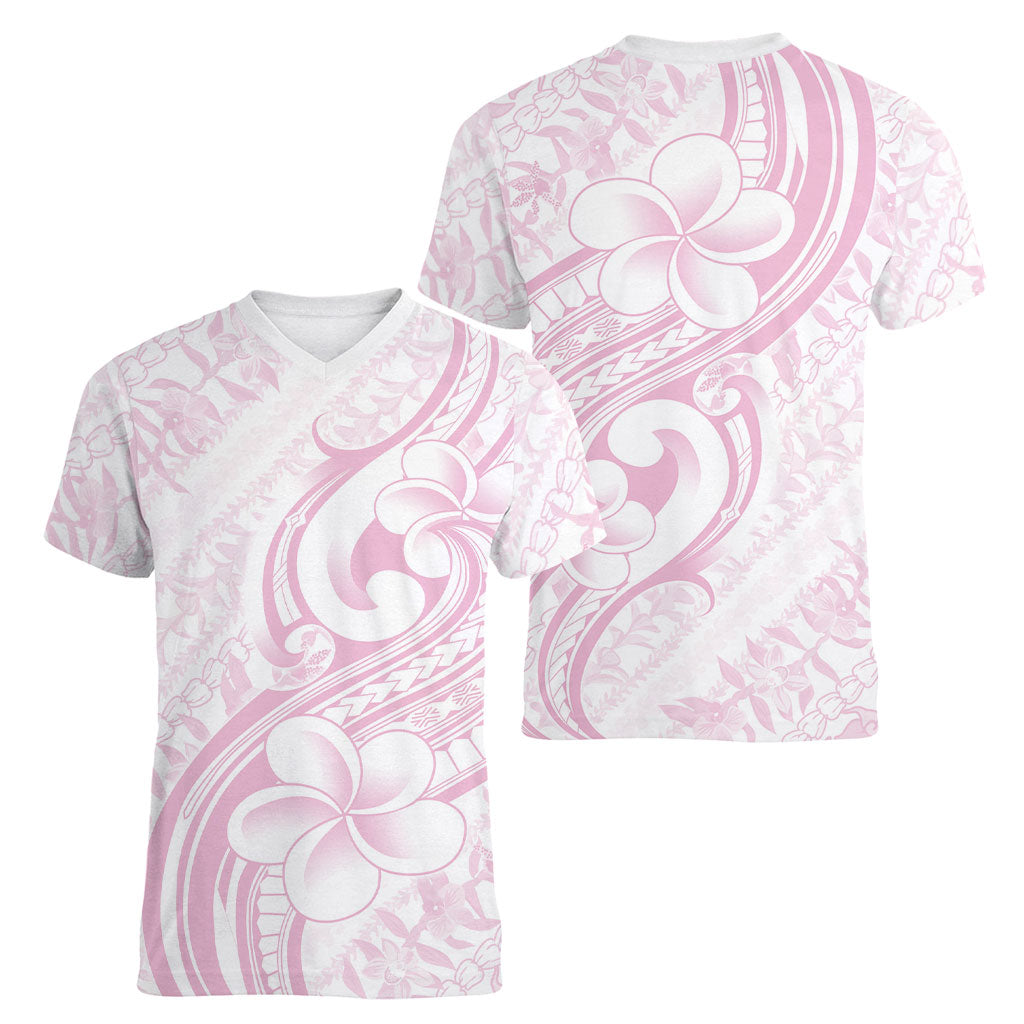 Hawaii Plumeria Lokelani Pikake Lei Women V-Neck T-Shirt Poni Mama Polynesian Tattoo