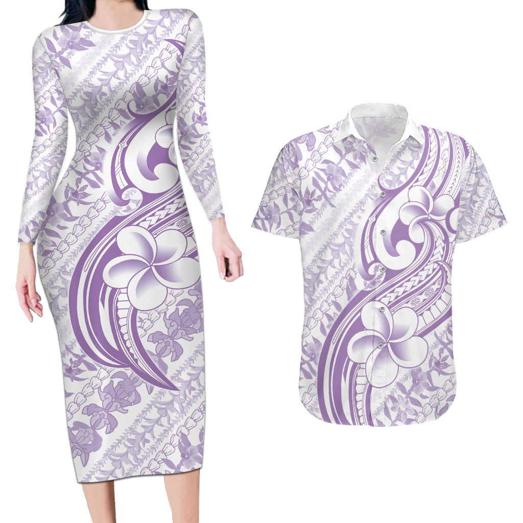 Hawaii Plumeria Lokelani Pikake Lei Couples Matching Long Sleeve Bodycon Dress and Hawaiian Shirt Poni Polynesian Tattoo LT9 Purple - Polynesian Pride