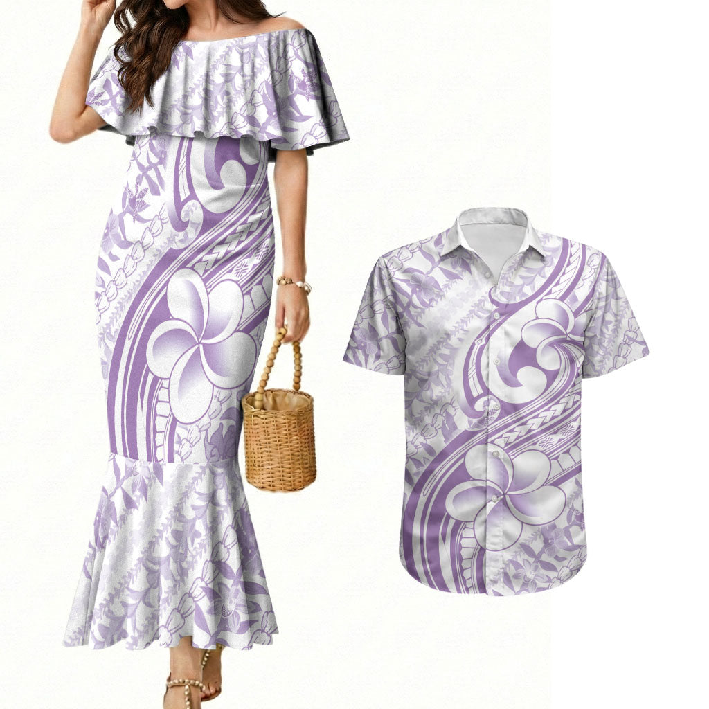 Hawaii Plumeria Lokelani Pikake Lei Couples Matching Mermaid Dress and Hawaiian Shirt Poni Polynesian Tattoo LT9 Purple - Polynesian Pride