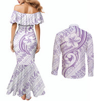 Hawaii Plumeria Lokelani Pikake Lei Couples Matching Mermaid Dress and Long Sleeve Button Shirt Poni Polynesian Tattoo