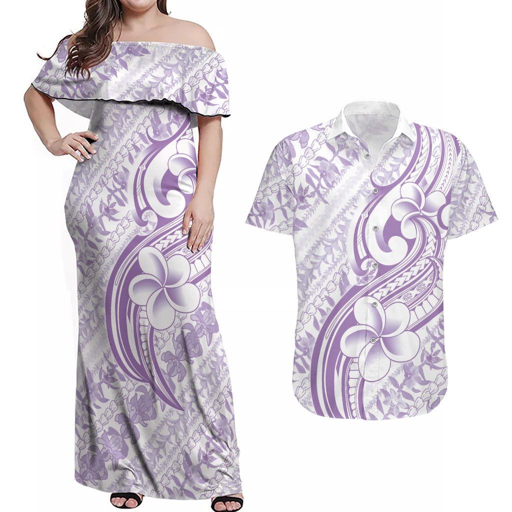 Hawaii Plumeria Lokelani Pikake Lei Couples Matching Off Shoulder Maxi Dress and Hawaiian Shirt Poni Polynesian Tattoo LT9 Purple - Polynesian Pride