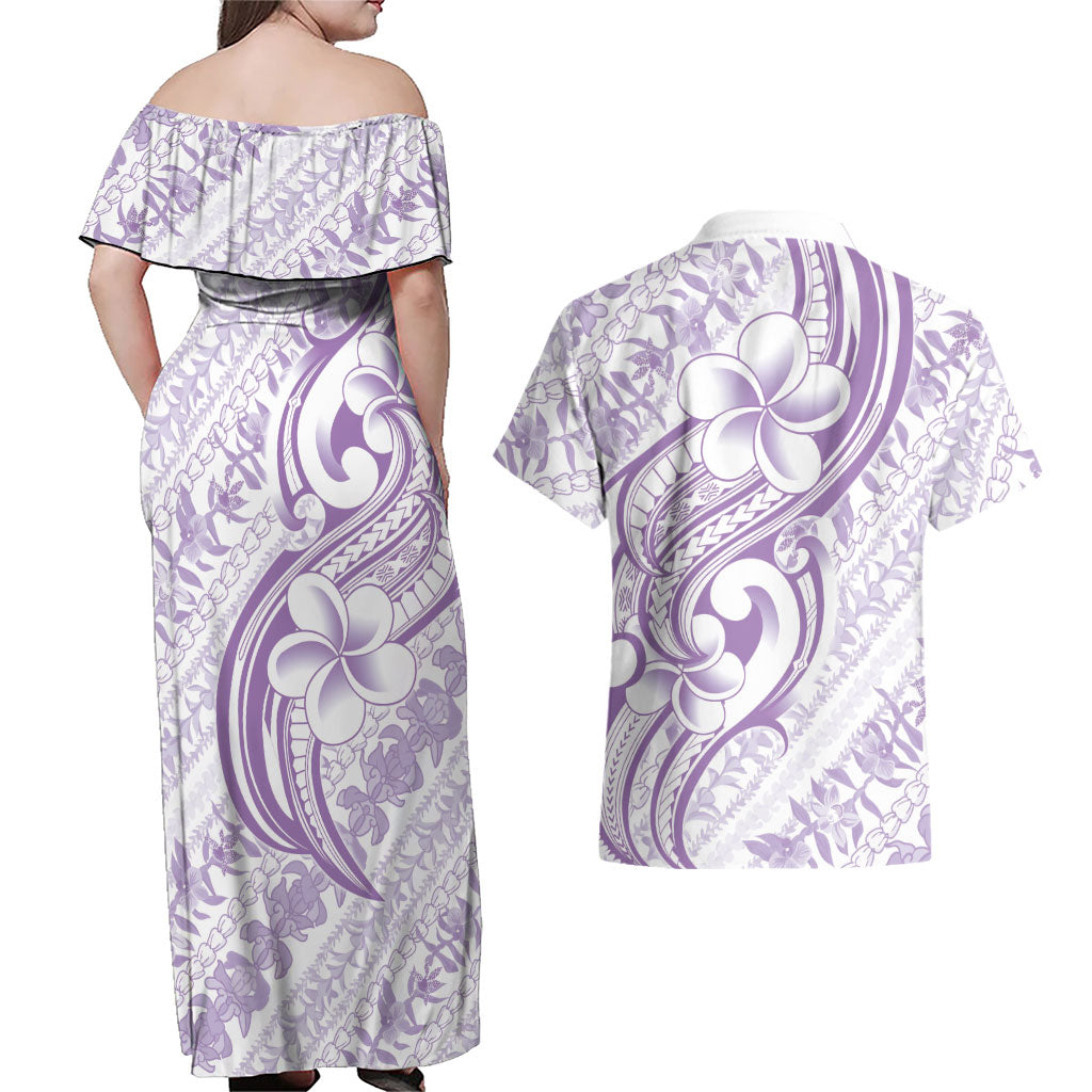Hawaii Plumeria Lokelani Pikake Lei Couples Matching Off Shoulder Maxi Dress and Hawaiian Shirt Poni Polynesian Tattoo