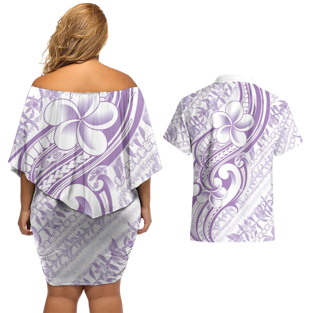 Hawaii Plumeria Lokelani Pikake Lei Couples Matching Off Shoulder Short Dress and Hawaiian Shirt Poni Polynesian Tattoo