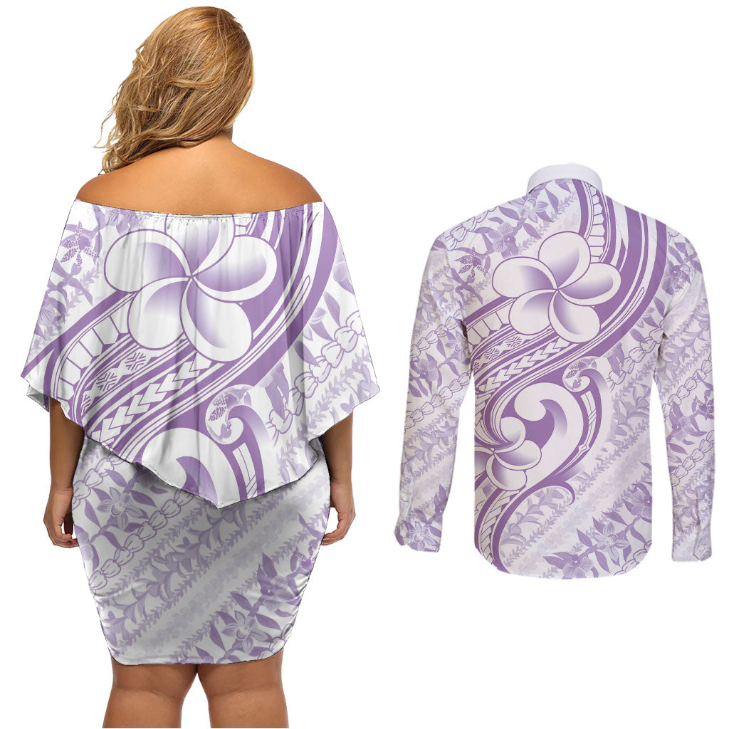 Hawaii Plumeria Lokelani Pikake Lei Couples Matching Off Shoulder Short Dress and Long Sleeve Button Shirt Poni Polynesian Tattoo