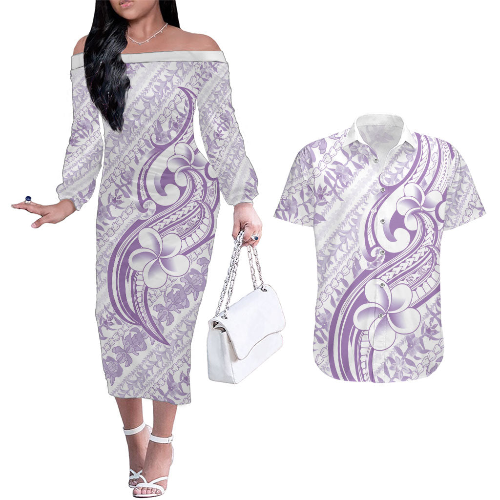 Hawaii Plumeria Lokelani Pikake Lei Couples Matching Off The Shoulder Long Sleeve Dress and Hawaiian Shirt Poni Polynesian Tattoo LT9 Purple - Polynesian Pride