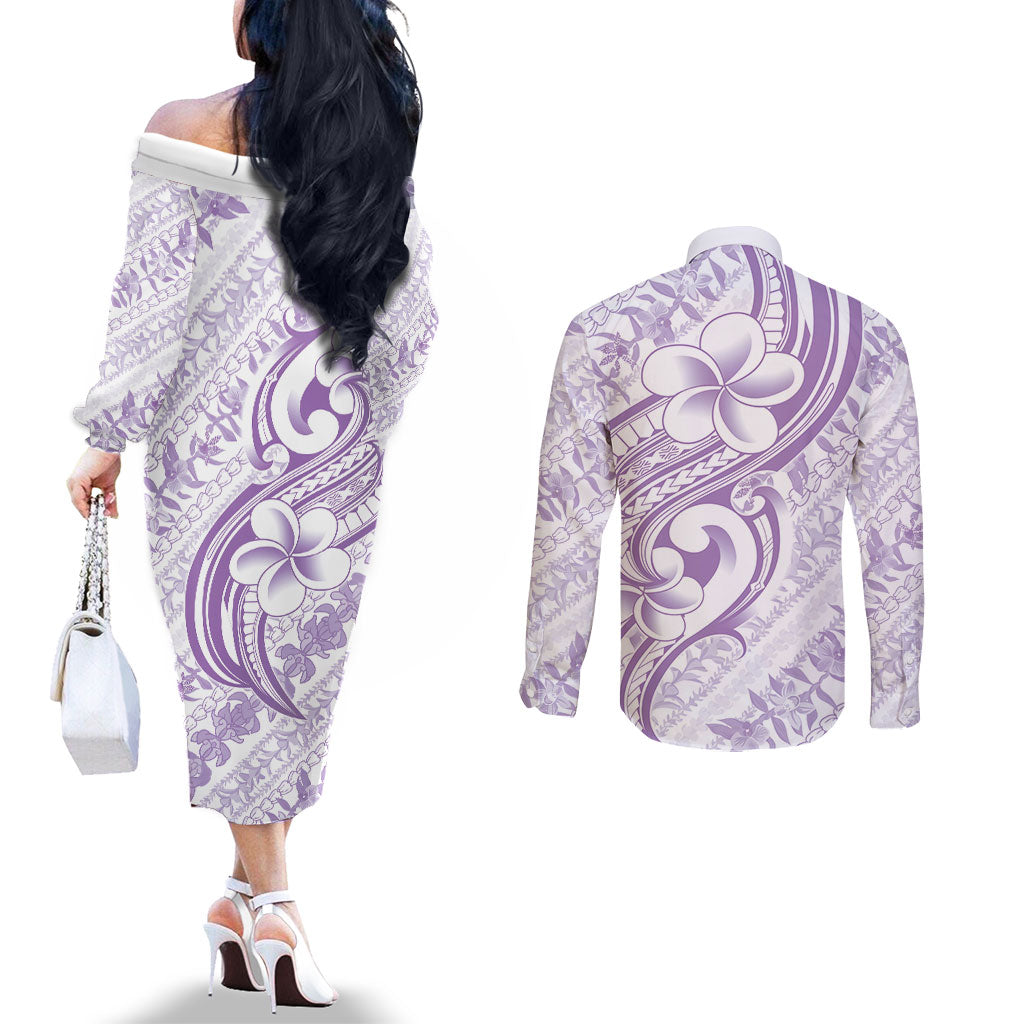 Hawaii Plumeria Lokelani Pikake Lei Couples Matching Off The Shoulder Long Sleeve Dress and Long Sleeve Button Shirt Poni Polynesian Tattoo