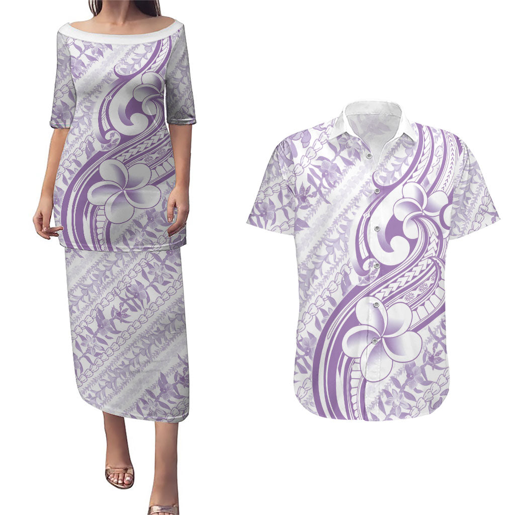 Hawaii Plumeria Lokelani Pikake Lei Couples Matching Puletasi and Hawaiian Shirt Poni Polynesian Tattoo