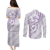 Hawaii Plumeria Lokelani Pikake Lei Couples Matching Puletasi and Long Sleeve Button Shirt Poni Polynesian Tattoo