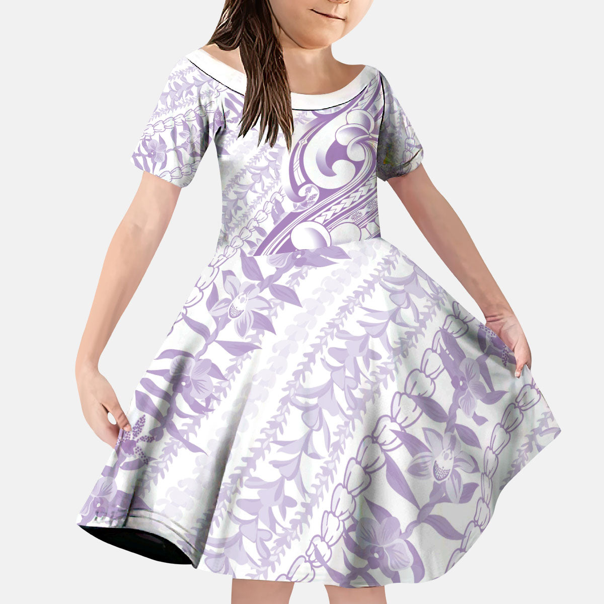 Hawaii Plumeria Lokelani Pikake Lei Kid Short Sleeve Dress Poni Polynesian Tattoo LT9 KID Purple - Polynesian Pride