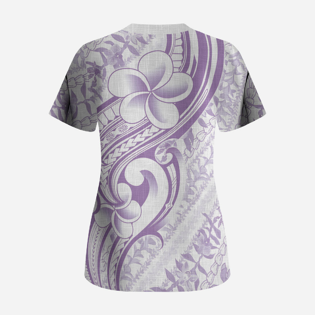 Hawaii Plumeria Lokelani Pikake Lei Scrub Top Poni Polynesian Tattoo LT9 - Polynesian Pride