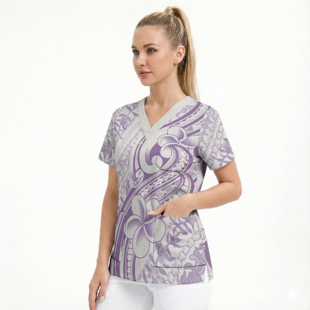 Hawaii Plumeria Lokelani Pikake Lei Scrub Top Poni Polynesian Tattoo LT9 - Polynesian Pride
