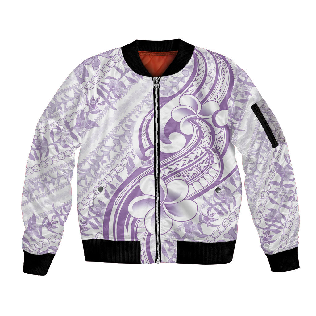 Hawaii Plumeria Lokelani Pikake Lei Sleeve Zip Bomber Jacket Poni Polynesian Tattoo LT9 Unisex Purple - Polynesian Pride