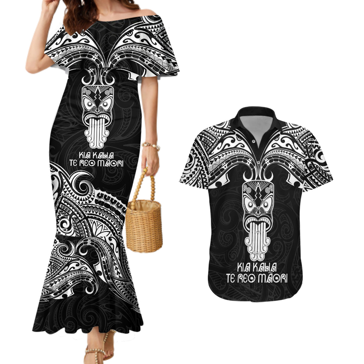 New Zealand Te Reo Maori Couples Matching Mermaid Dress and Hawaiian Shirt Kia Kaha Maori Language Week Black Style LT9 Black - Polynesian Pride