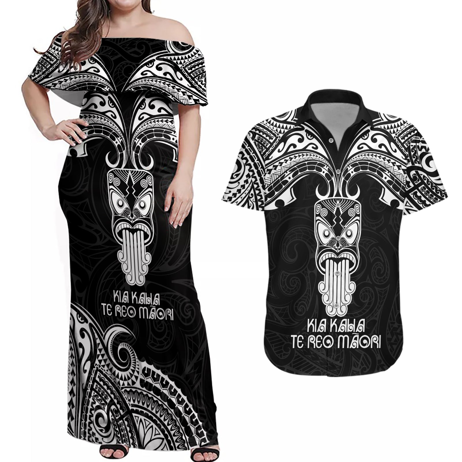 New Zealand Te Reo Maori Couples Matching Off Shoulder Maxi Dress and Hawaiian Shirt Kia Kaha Maori Language Week Black Style LT9 Black - Polynesian Pride