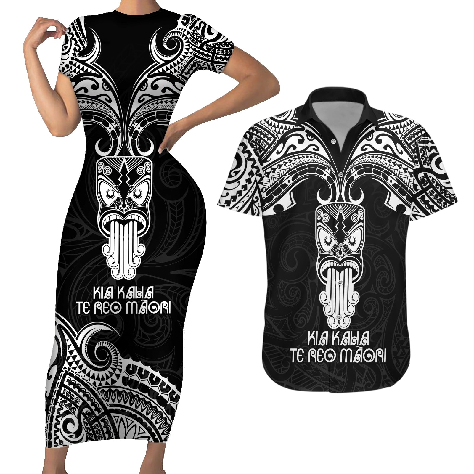 New Zealand Te Reo Maori Couples Matching Short Sleeve Bodycon Dress and Hawaiian Shirt Kia Kaha Maori Language Week Black Style LT9 Black - Polynesian Pride