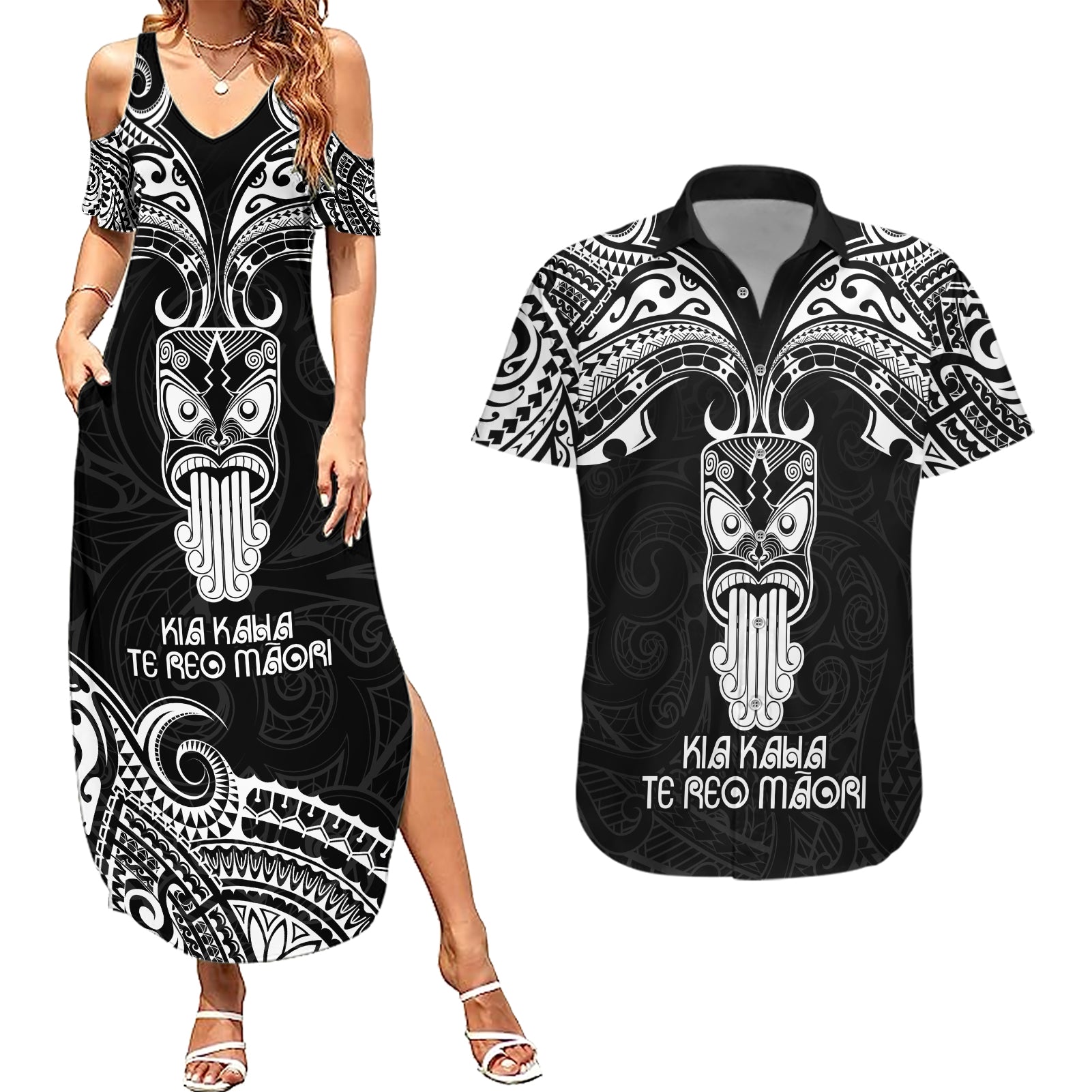 New Zealand Te Reo Maori Couples Matching Summer Maxi Dress and Hawaiian Shirt Kia Kaha Maori Language Week Black Style LT9 Black - Polynesian Pride