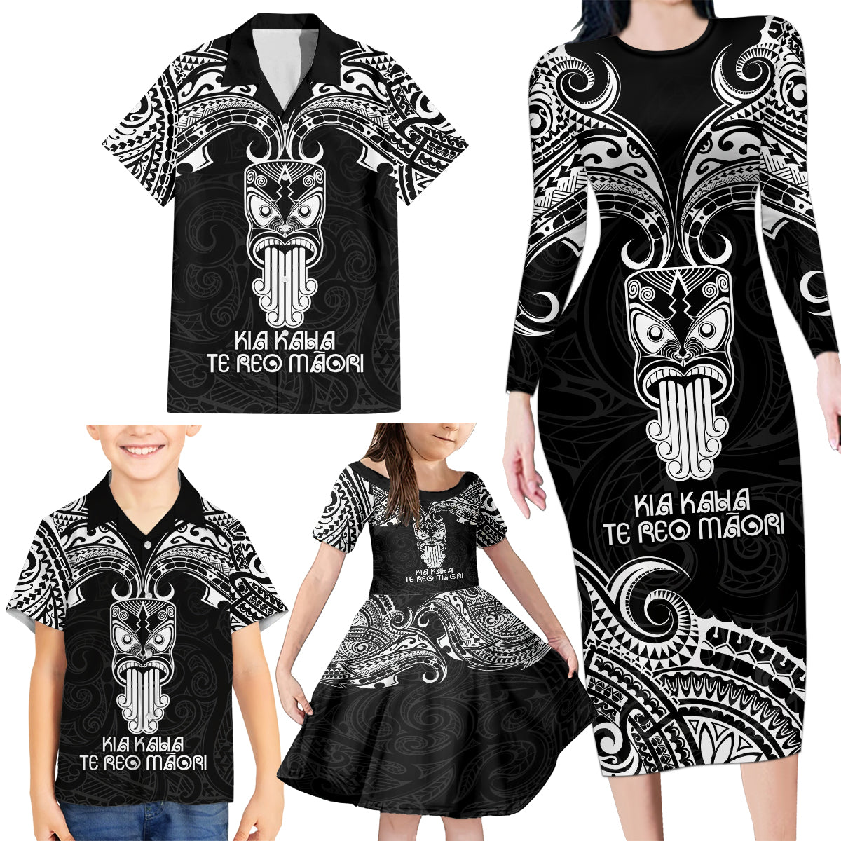 New Zealand Te Reo Maori Family Matching Long Sleeve Bodycon Dress and Hawaiian Shirt Kia Kaha Maori Language Week Black Style LT9 - Polynesian Pride