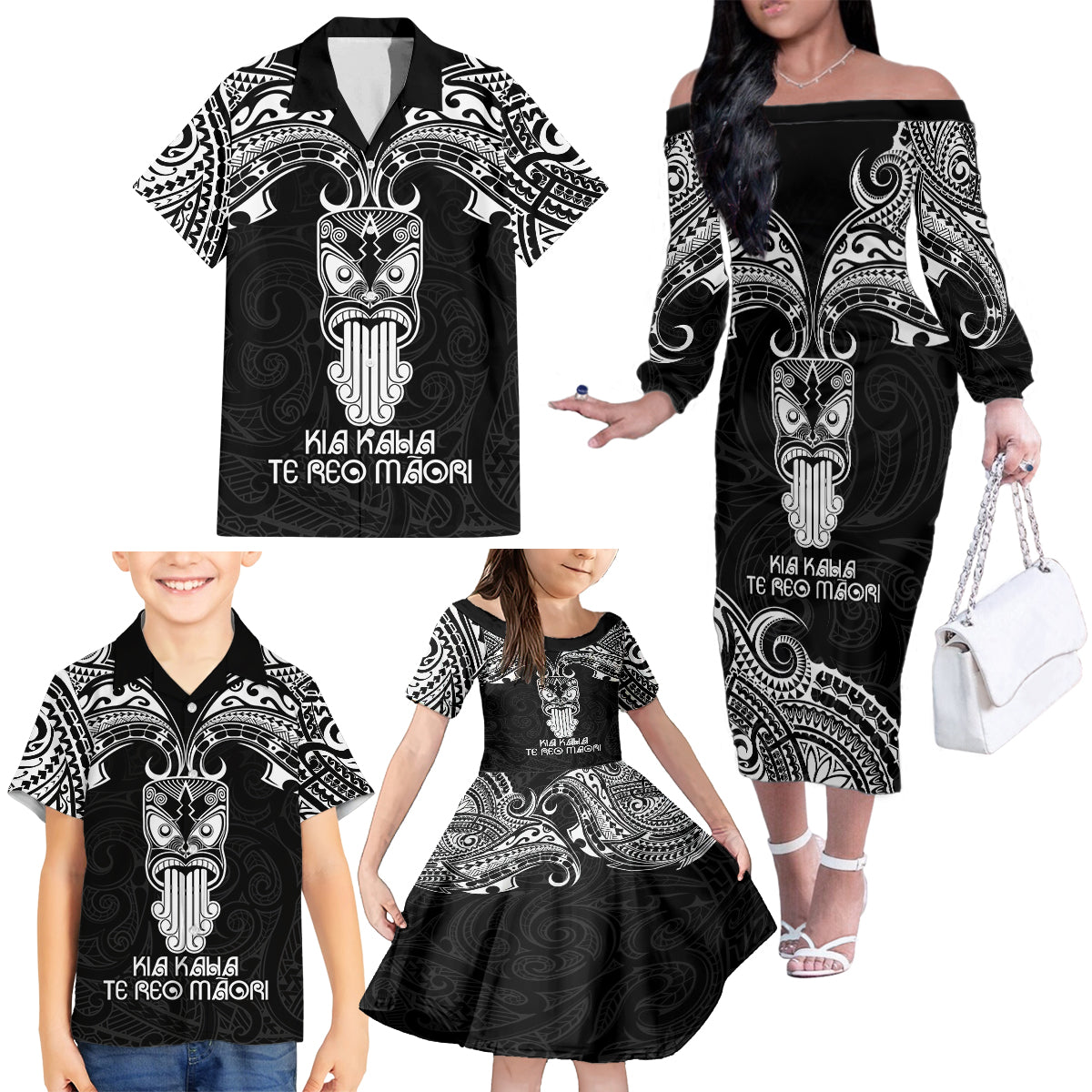 New Zealand Te Reo Maori Family Matching Off Shoulder Long Sleeve Dress and Hawaiian Shirt Kia Kaha Maori Language Week Black Style LT9 - Polynesian Pride