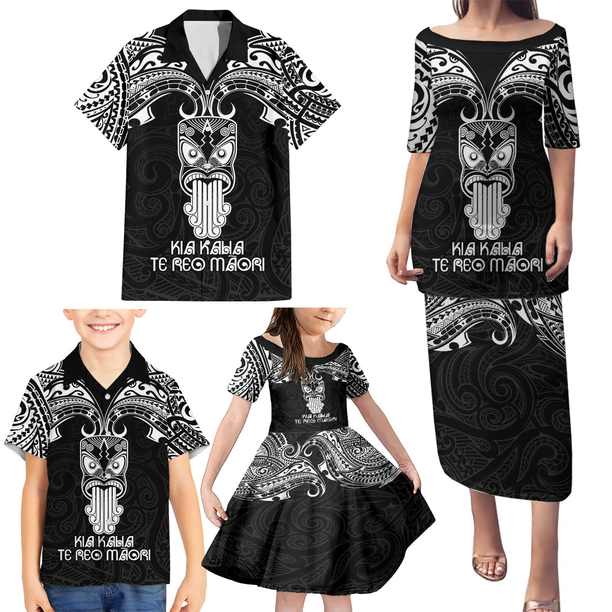 New Zealand Te Reo Maori Family Matching Puletasi Dress and Hawaiian Shirt Kia Kaha Maori Language Week Black Style LT9 - Polynesian Pride