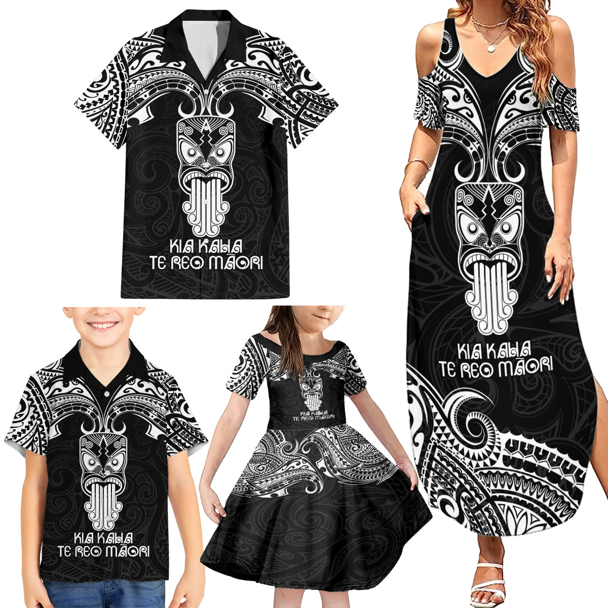 New Zealand Te Reo Maori Family Matching Summer Maxi Dress and Hawaiian Shirt Kia Kaha Maori Language Week Black Style LT9 - Polynesian Pride