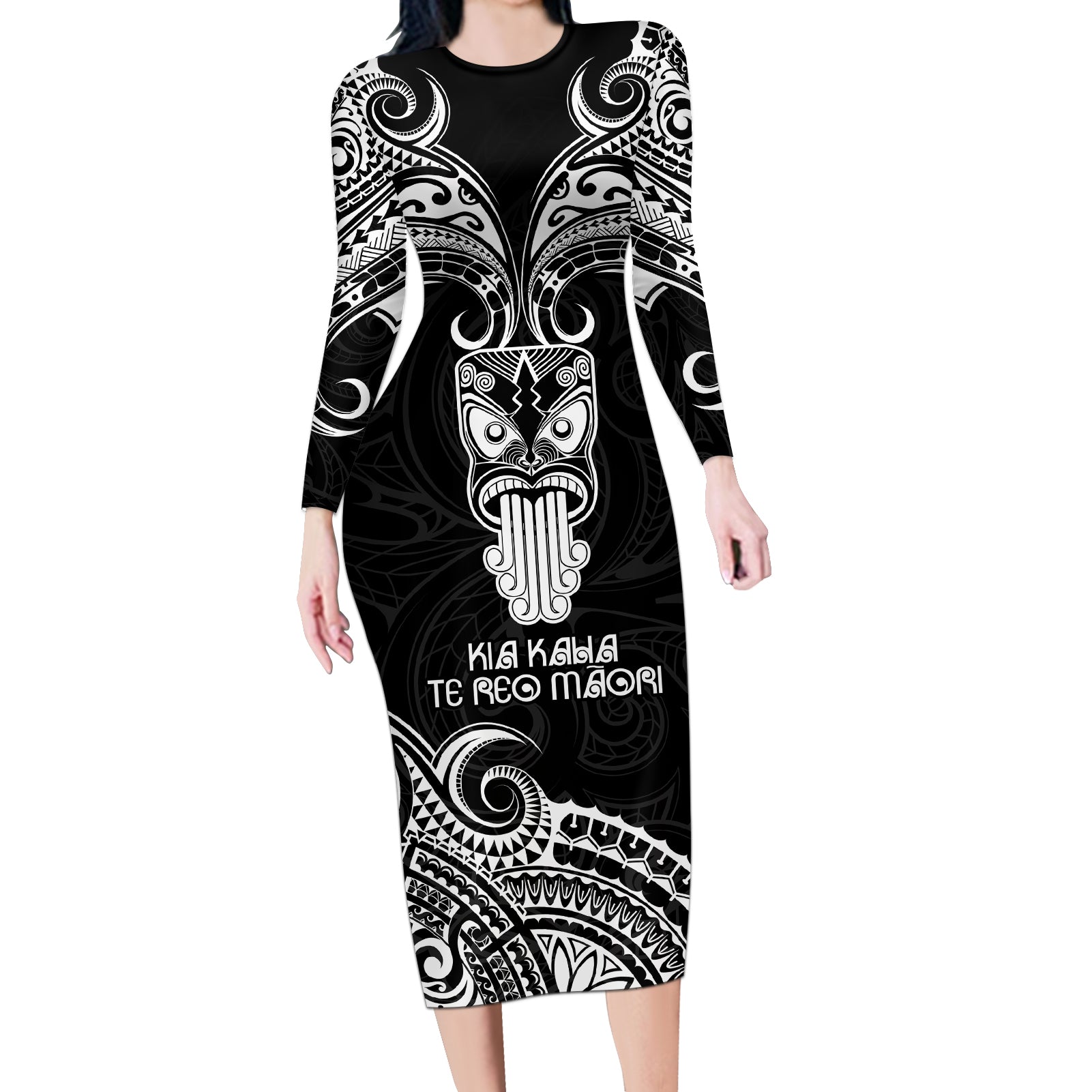 New Zealand Te Reo Maori Long Sleeve Bodycon Dress Kia Kaha Maori Language Week Black Style LT9 Long Dress Black - Polynesian Pride