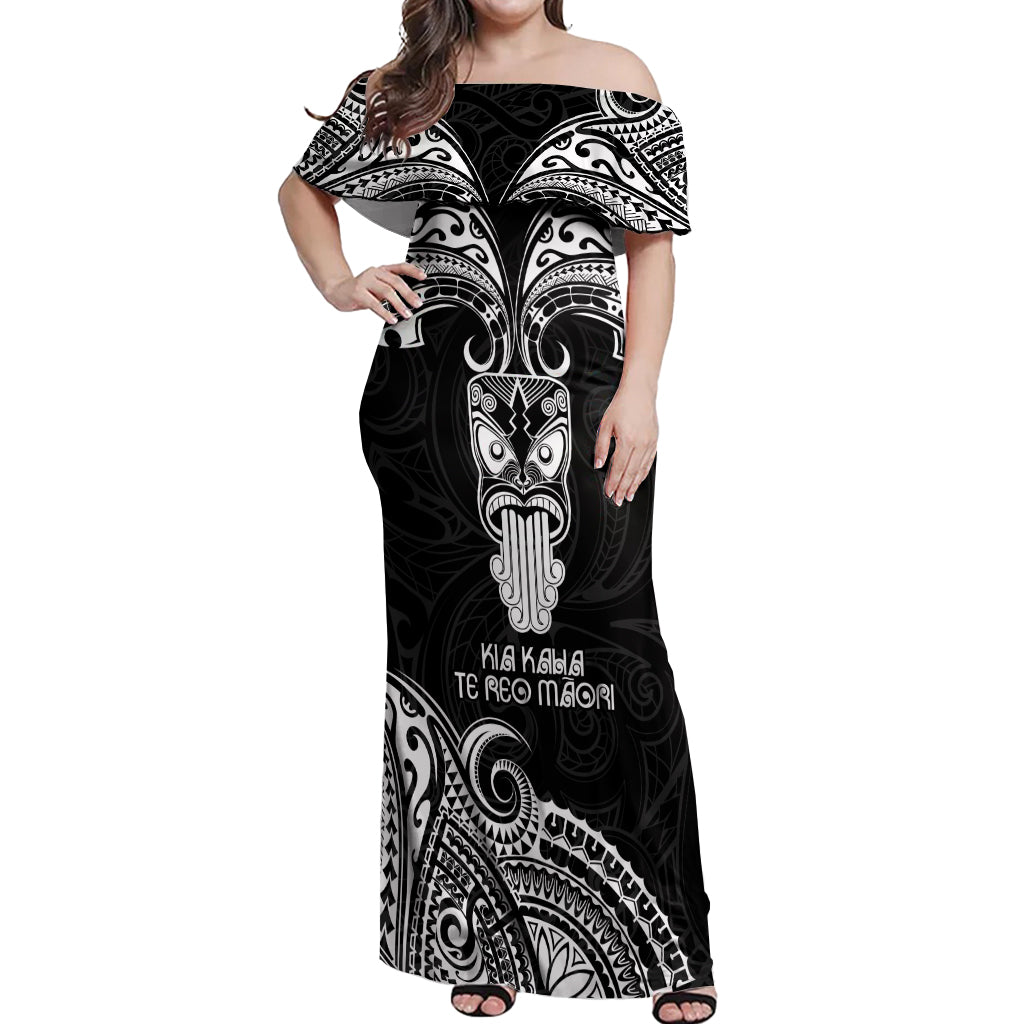 New Zealand Te Reo Maori Off Shoulder Maxi Dress Kia Kaha Maori Language Week Black Style LT9 Women Black - Polynesian Pride