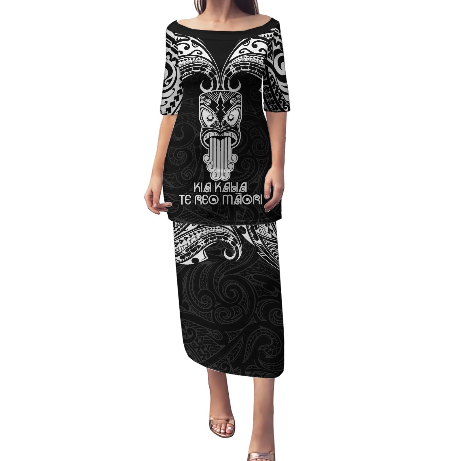 New Zealand Te Reo Maori Puletasi Kia Kaha Maori Language Week Black Style LT9 Long Dress Black - Polynesian Pride