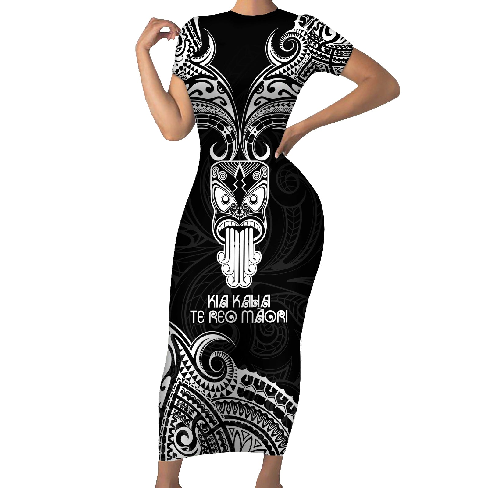 New Zealand Te Reo Maori Short Sleeve Bodycon Dress Kia Kaha Maori Language Week Black Style LT9 Long Dress Black - Polynesian Pride