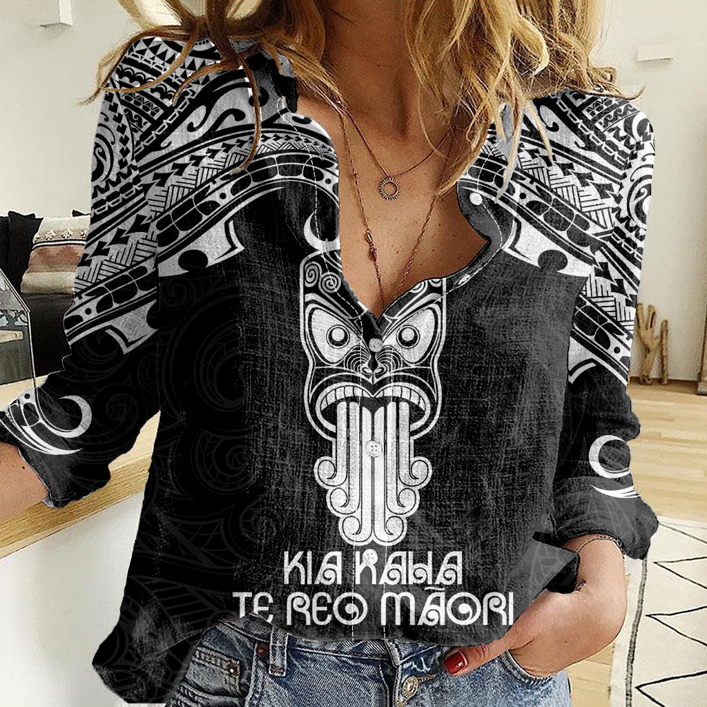 New Zealand Te Reo Maori Women Casual Shirt Kia Kaha Maori Language Week Black Style LT9 Female Black - Polynesian Pride