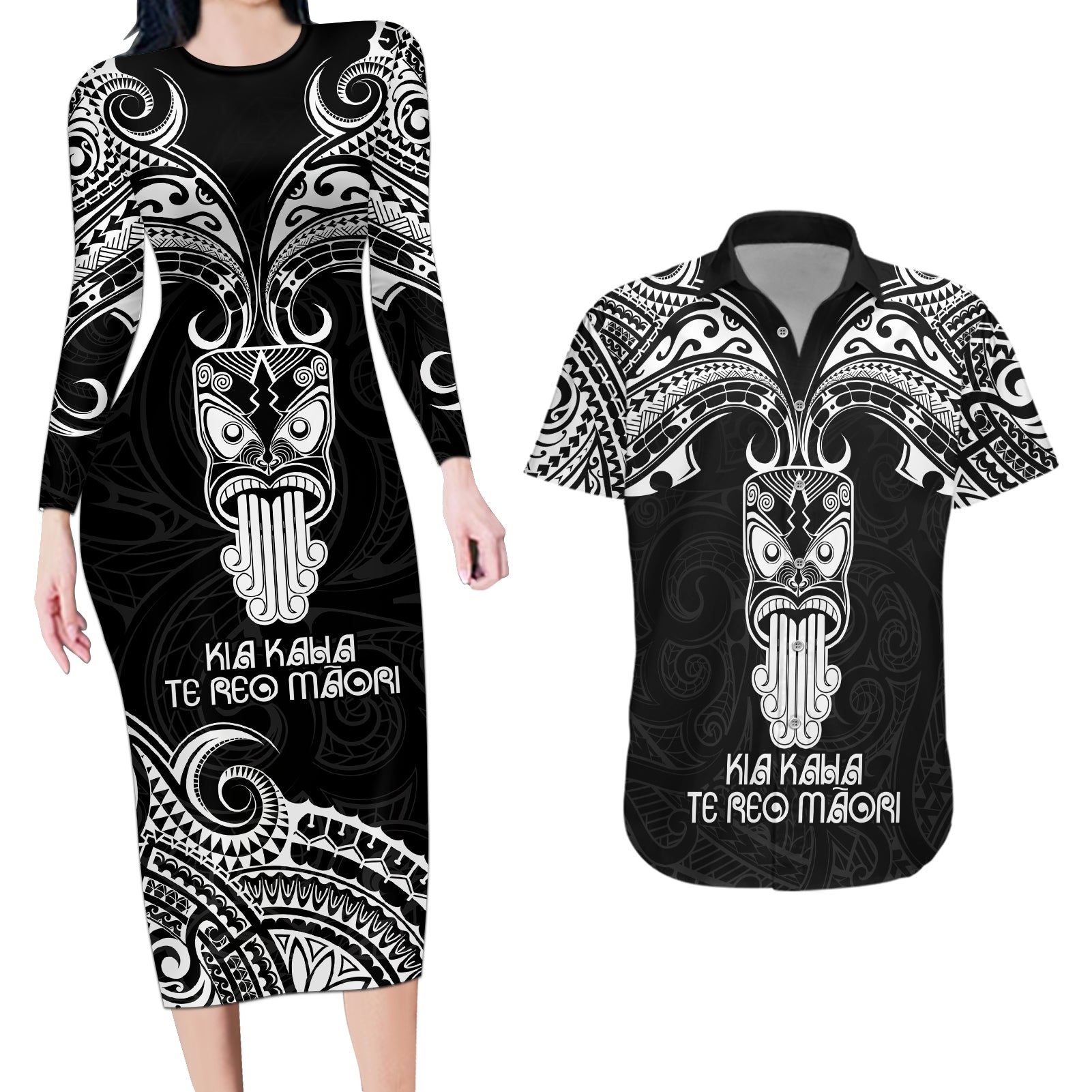 Personalised New Zealand Te Reo Maori Couples Matching Long Sleeve Bodycon Dress and Hawaiian Shirt Kia Kaha Maori Language Week Black Style LT9 Black - Polynesian Pride