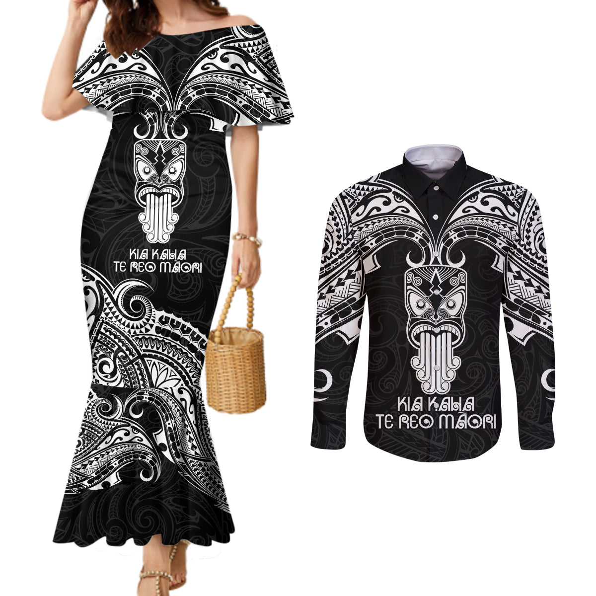 Personalised New Zealand Te Reo Maori Couples Matching Mermaid Dress and Long Sleeve Button Shirts Kia Kaha Maori Language Week Black Style LT9 Black - Polynesian Pride