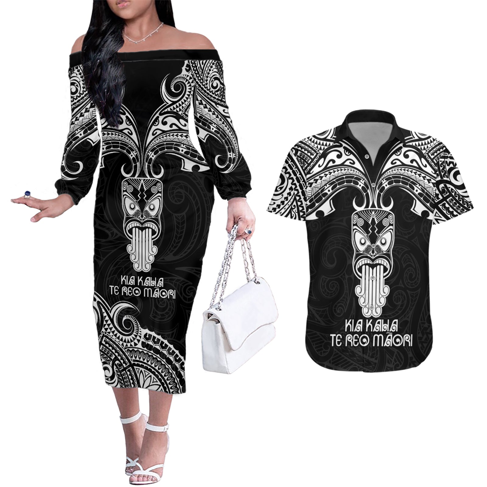 Personalised New Zealand Te Reo Maori Couples Matching Off The Shoulder Long Sleeve Dress and Hawaiian Shirt Kia Kaha Maori Language Week Black Style LT9 Black - Polynesian Pride