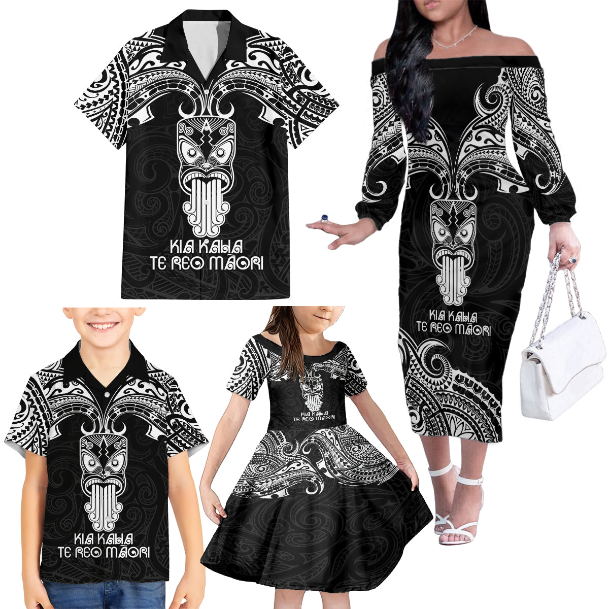 Personalised New Zealand Te Reo Maori Family Matching Off Shoulder Long Sleeve Dress and Hawaiian Shirt Kia Kaha Maori Language Week Black Style LT9 - Polynesian Pride