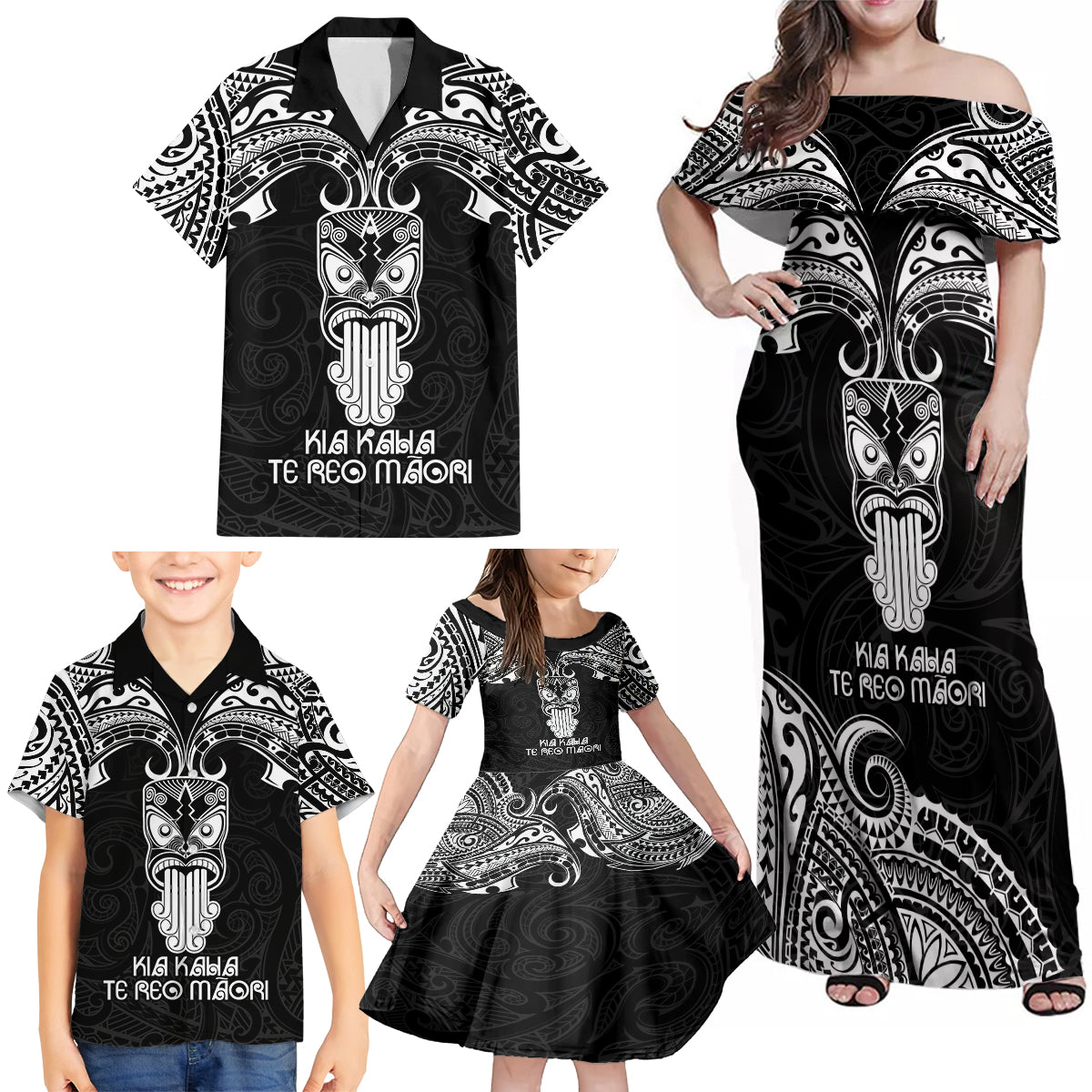 Personalised New Zealand Te Reo Maori Family Matching Off Shoulder Maxi Dress and Hawaiian Shirt Kia Kaha Maori Language Week Black Style LT9 - Polynesian Pride