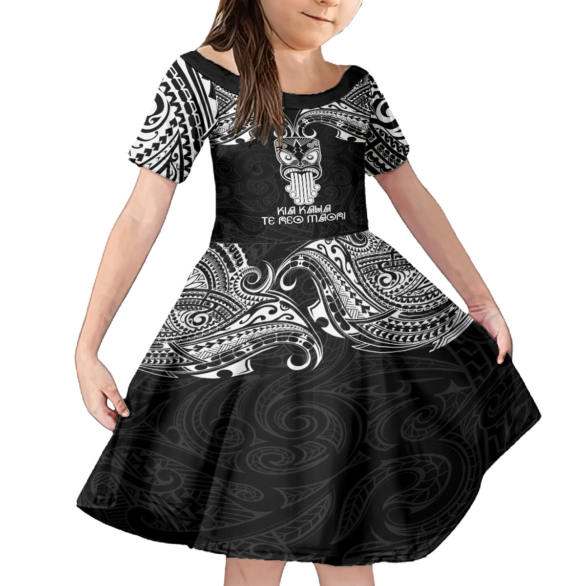 Personalised New Zealand Te Reo Maori Kid Short Sleeve Dress Kia Kaha Maori Language Week Black Style LT9 KID Black - Polynesian Pride