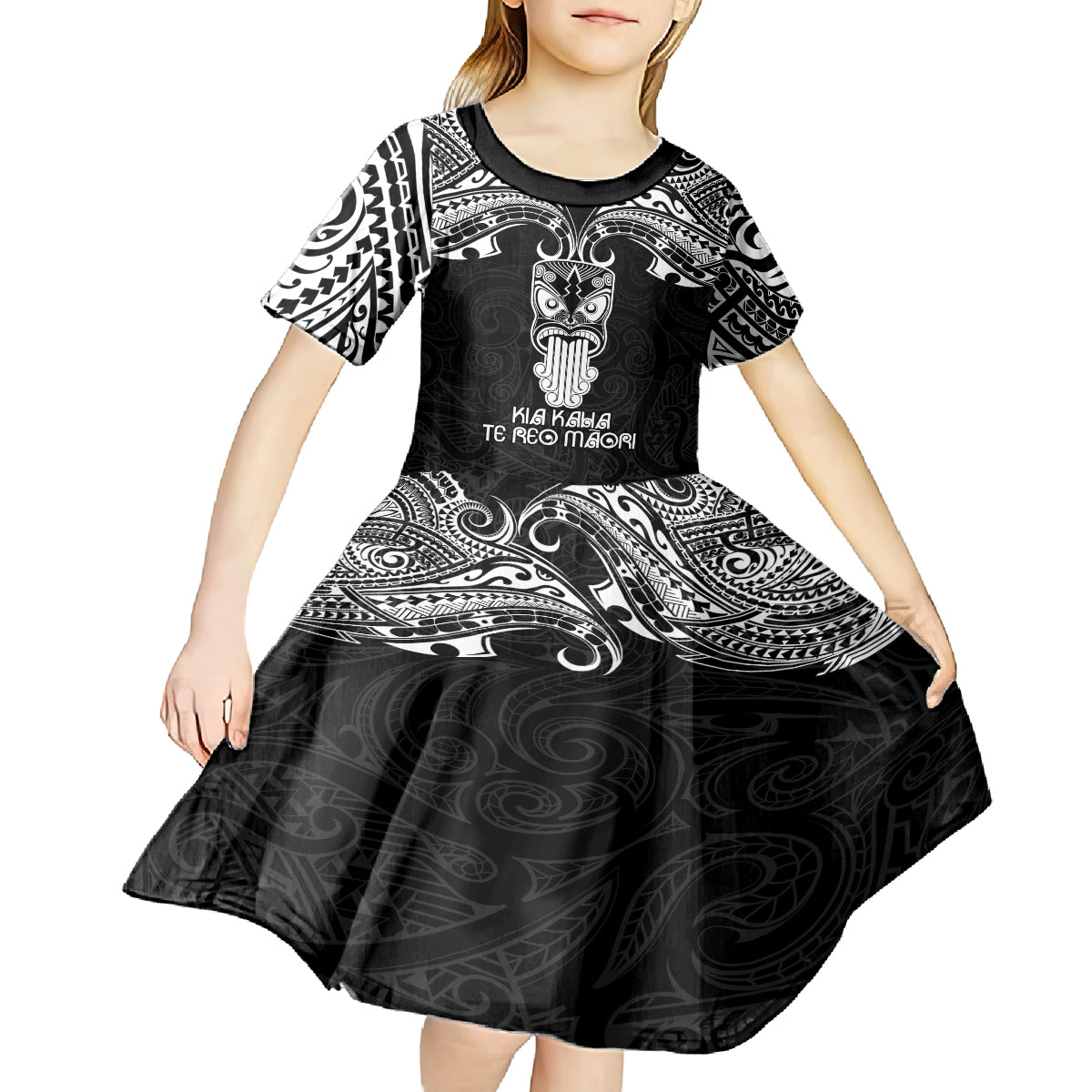 Personalised New Zealand Te Reo Maori Kid Short Sleeve Dress Kia Kaha Maori Language Week Black Style LT9 - Polynesian Pride