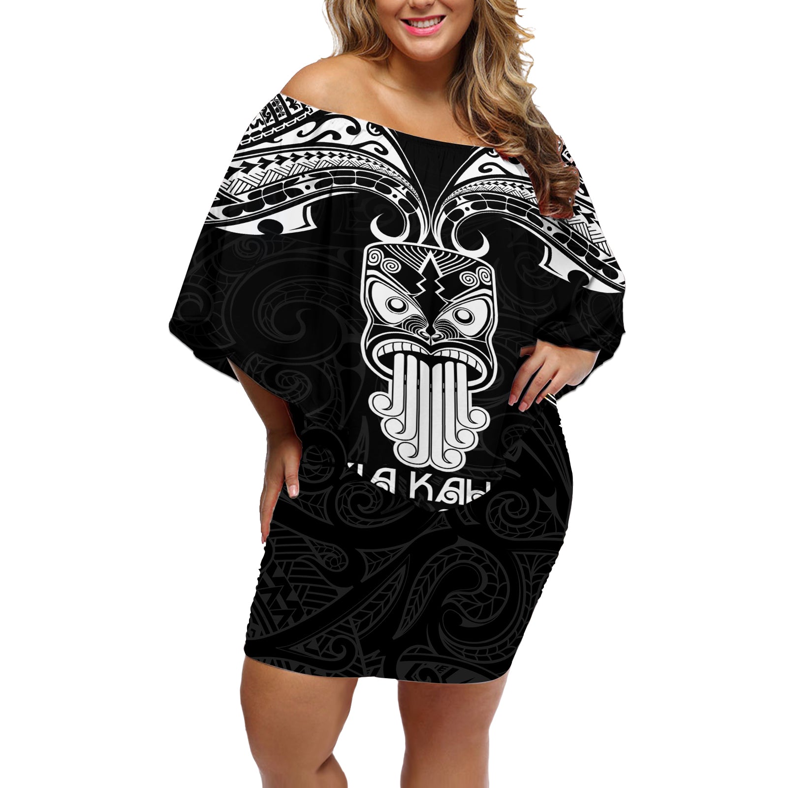 Personalised New Zealand Te Reo Maori Off Shoulder Short Dress Kia Kaha Maori Language Week Black Style LT9 Women Black - Polynesian Pride