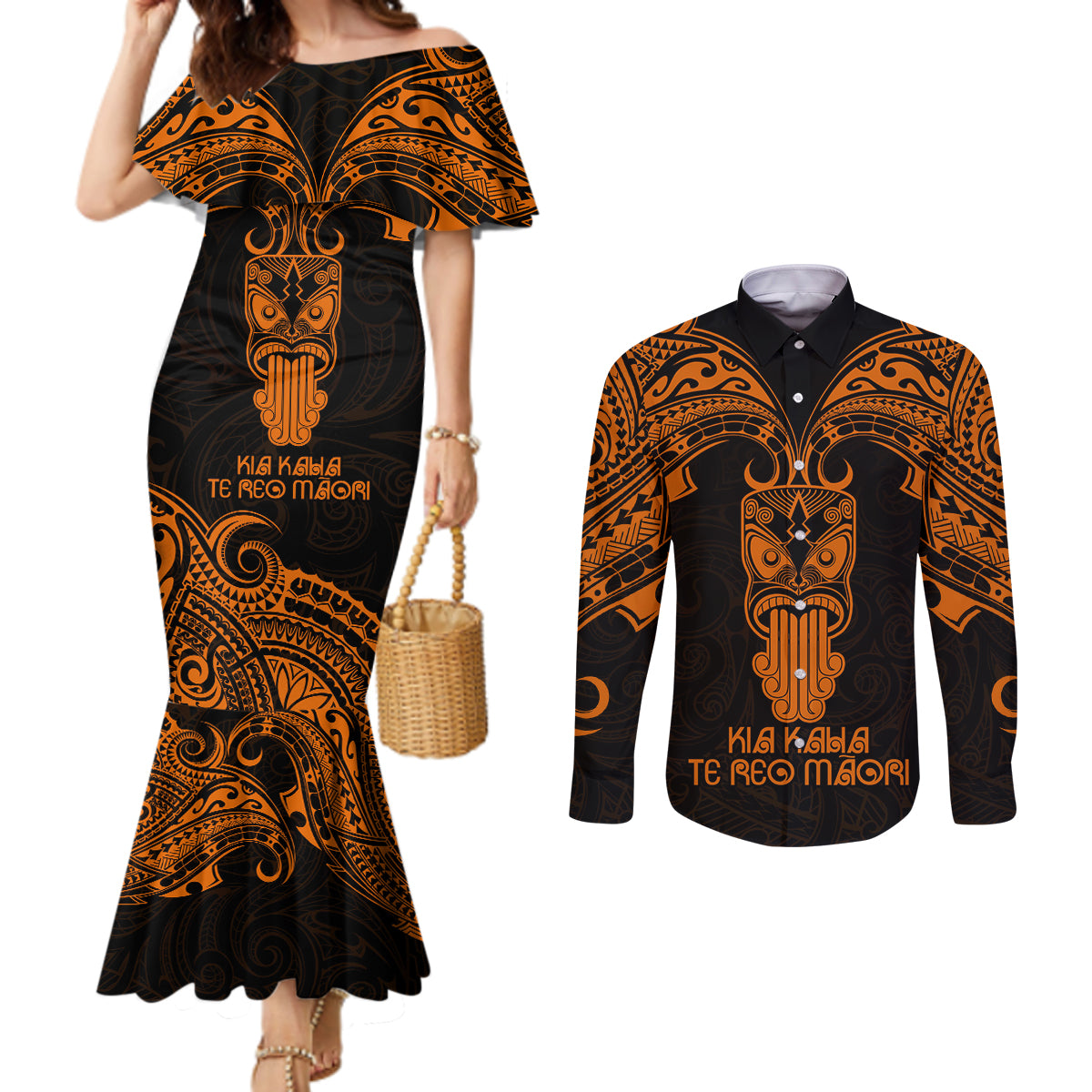 Personalised New Zealand Te Reo Maori Couples Matching Mermaid Dress and Long Sleeve Button Shirts Kia Kaha Maori Language Week Gold Style LT9 Gold - Polynesian Pride