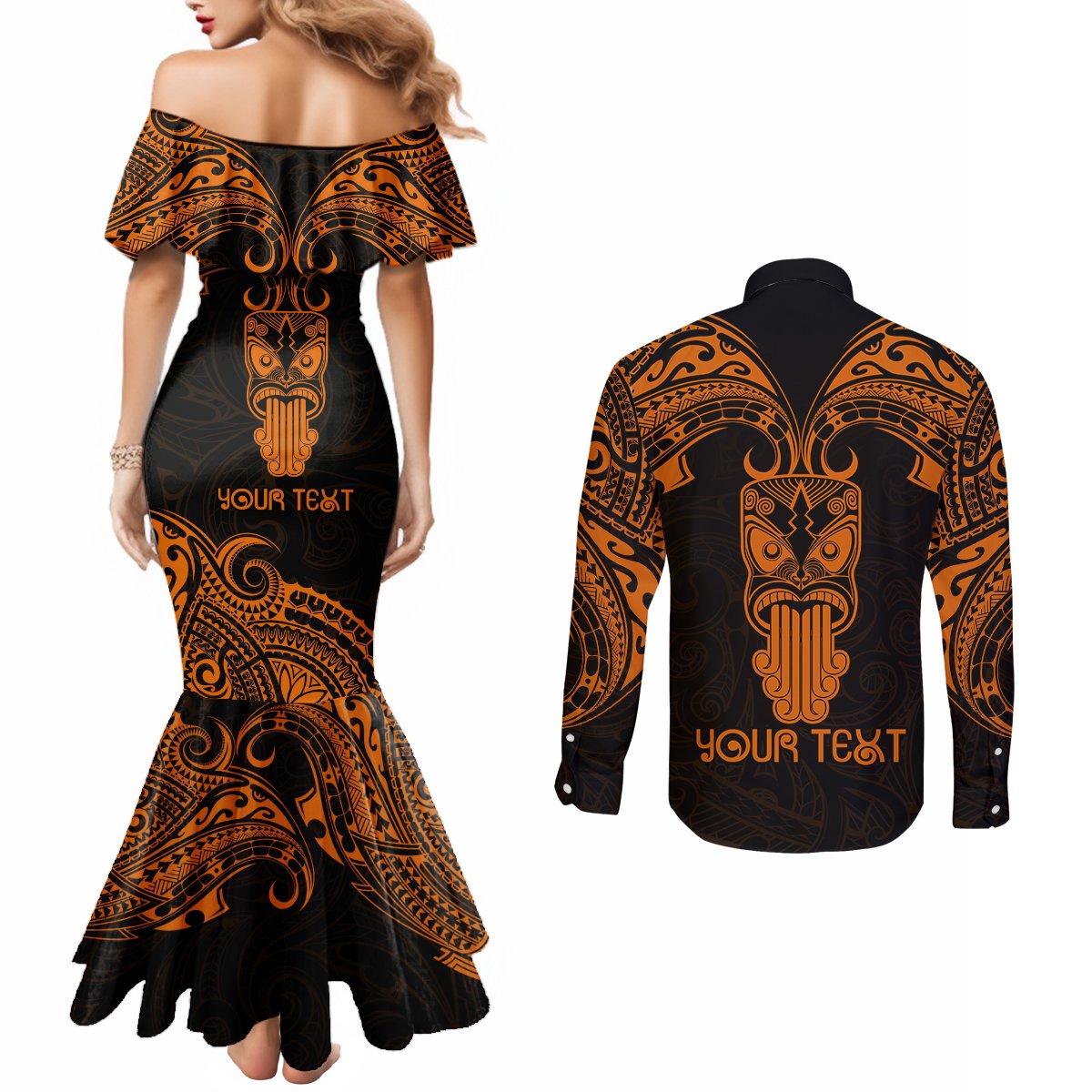 Personalised New Zealand Te Reo Maori Couples Matching Mermaid Dress and Long Sleeve Button Shirts Kia Kaha Maori Language Week Gold Style LT9 - Polynesian Pride