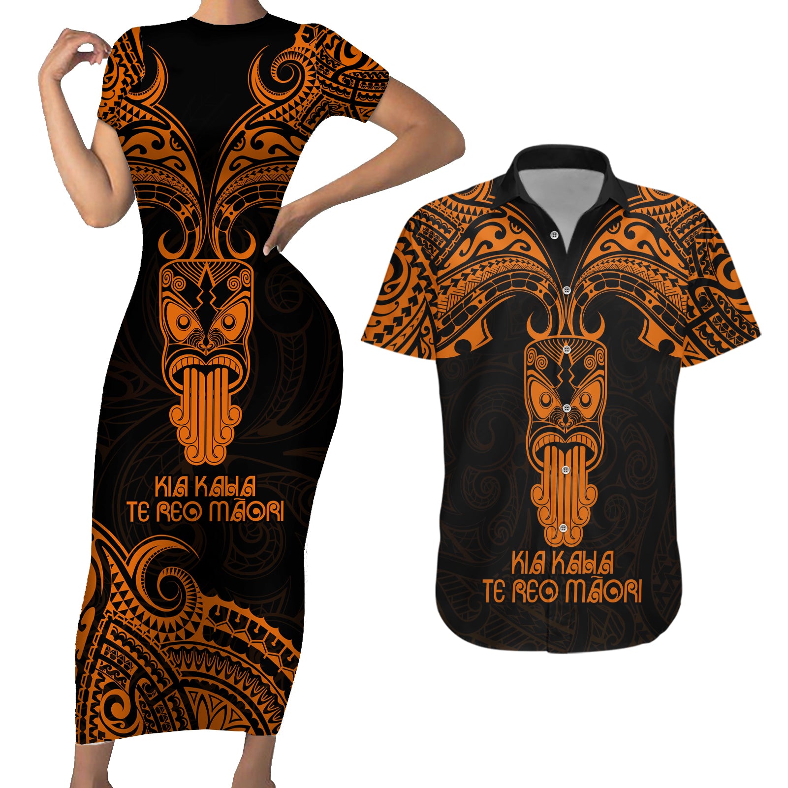 Personalised New Zealand Te Reo Maori Couples Matching Short Sleeve Bodycon Dress and Hawaiian Shirt Kia Kaha Maori Language Week Gold Style LT9 Gold - Polynesian Pride