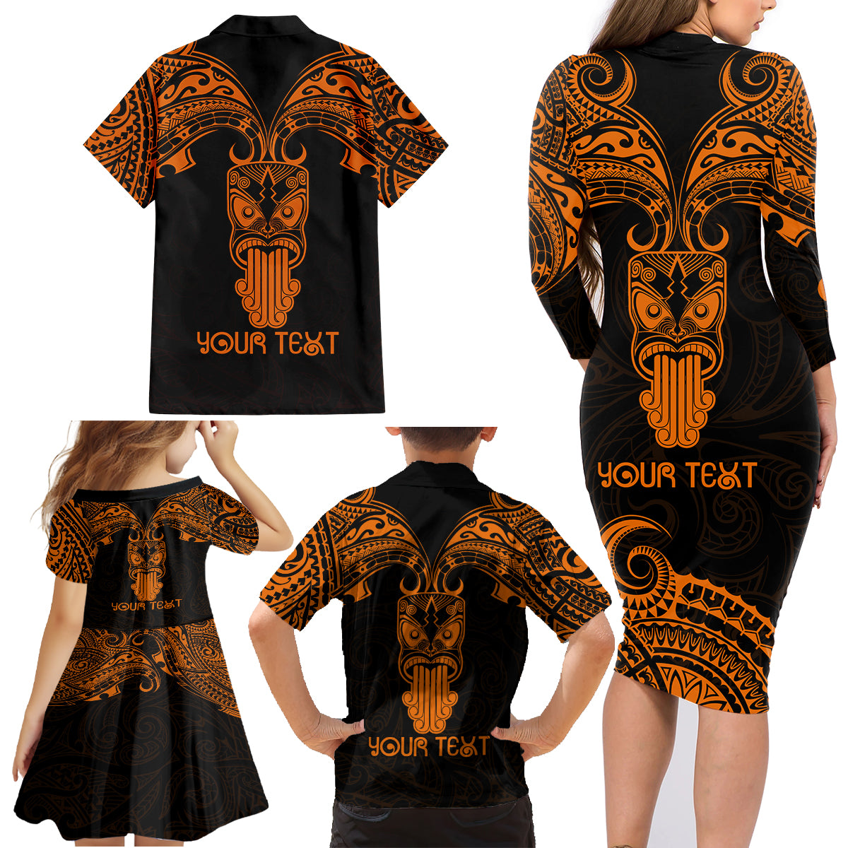 Personalised New Zealand Te Reo Maori Family Matching Long Sleeve Bodycon Dress and Hawaiian Shirt Kia Kaha Maori Language Week Gold Style LT9 - Polynesian Pride