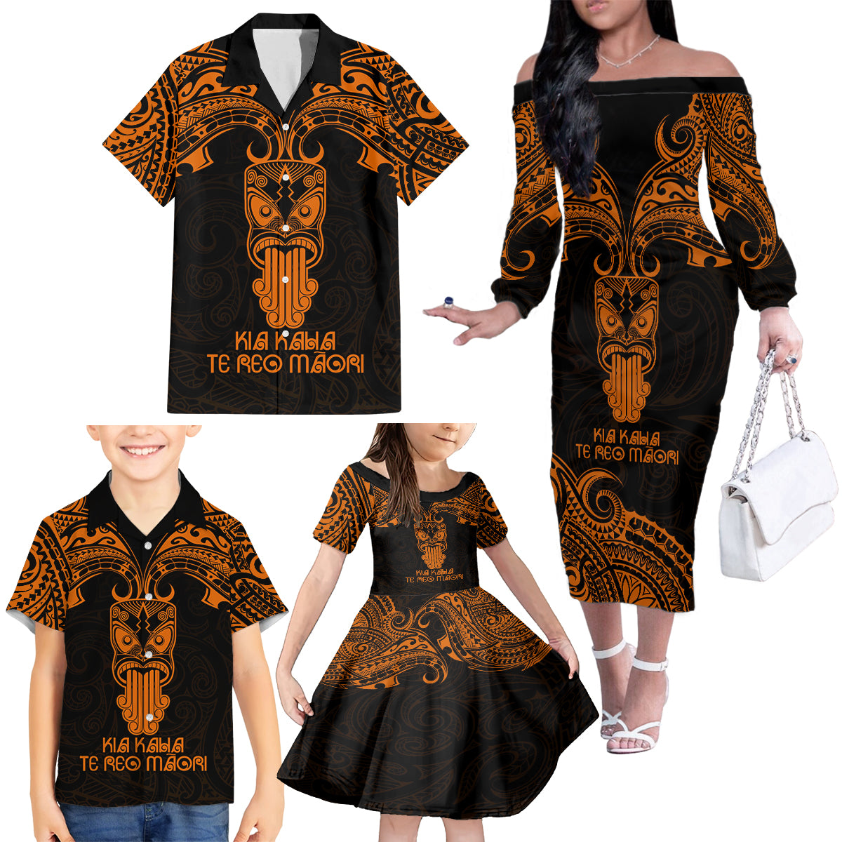 Personalised New Zealand Te Reo Maori Family Matching Off Shoulder Long Sleeve Dress and Hawaiian Shirt Kia Kaha Maori Language Week Gold Style LT9 - Polynesian Pride