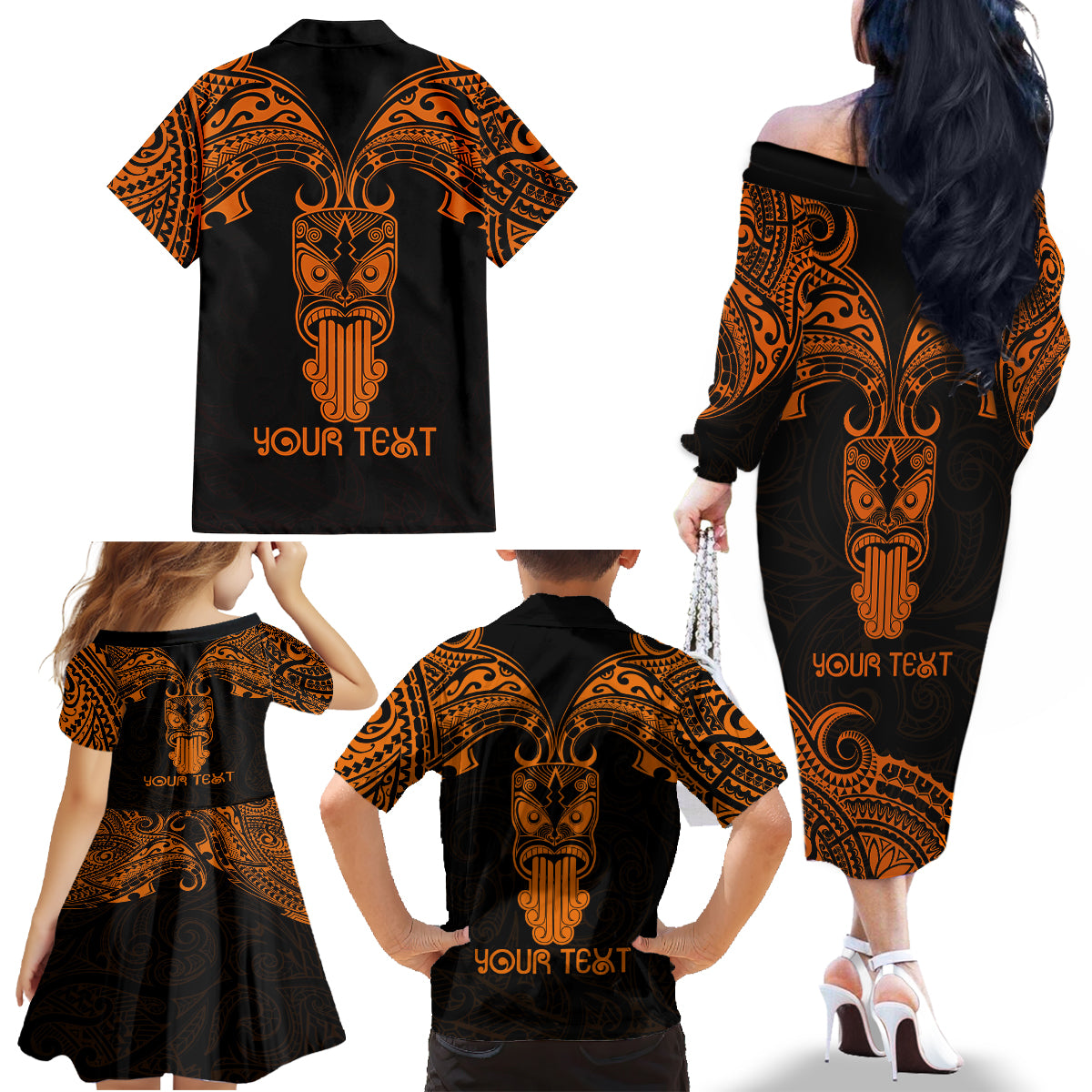 Personalised New Zealand Te Reo Maori Family Matching Off Shoulder Long Sleeve Dress and Hawaiian Shirt Kia Kaha Maori Language Week Gold Style LT9 - Polynesian Pride