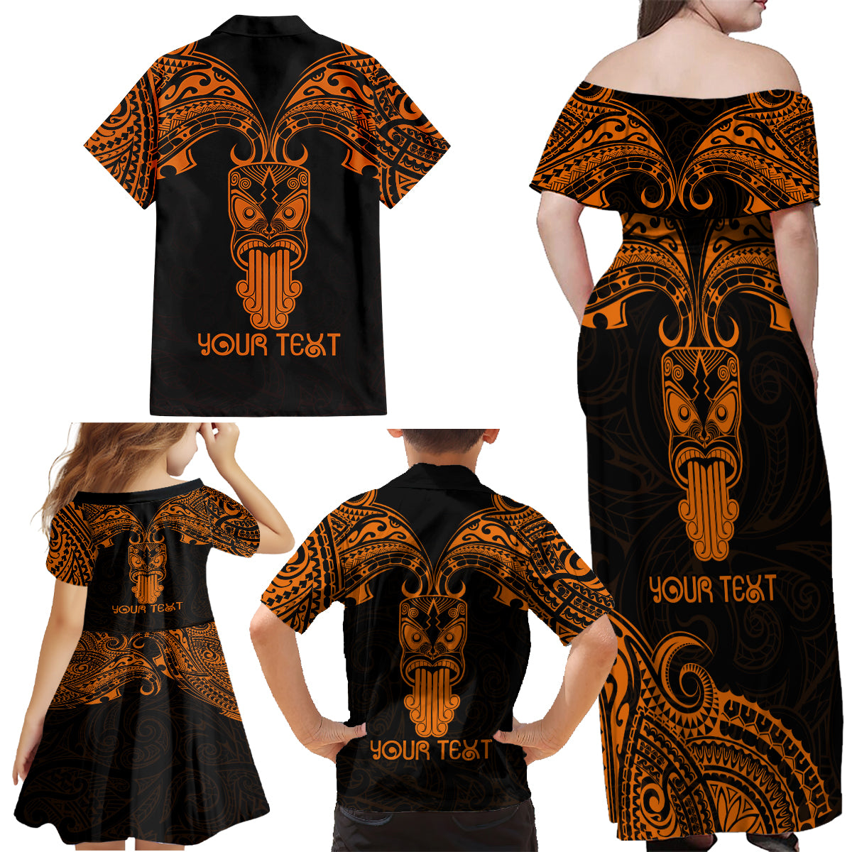 Personalised New Zealand Te Reo Maori Family Matching Off Shoulder Maxi Dress and Hawaiian Shirt Kia Kaha Maori Language Week Gold Style LT9 - Polynesian Pride