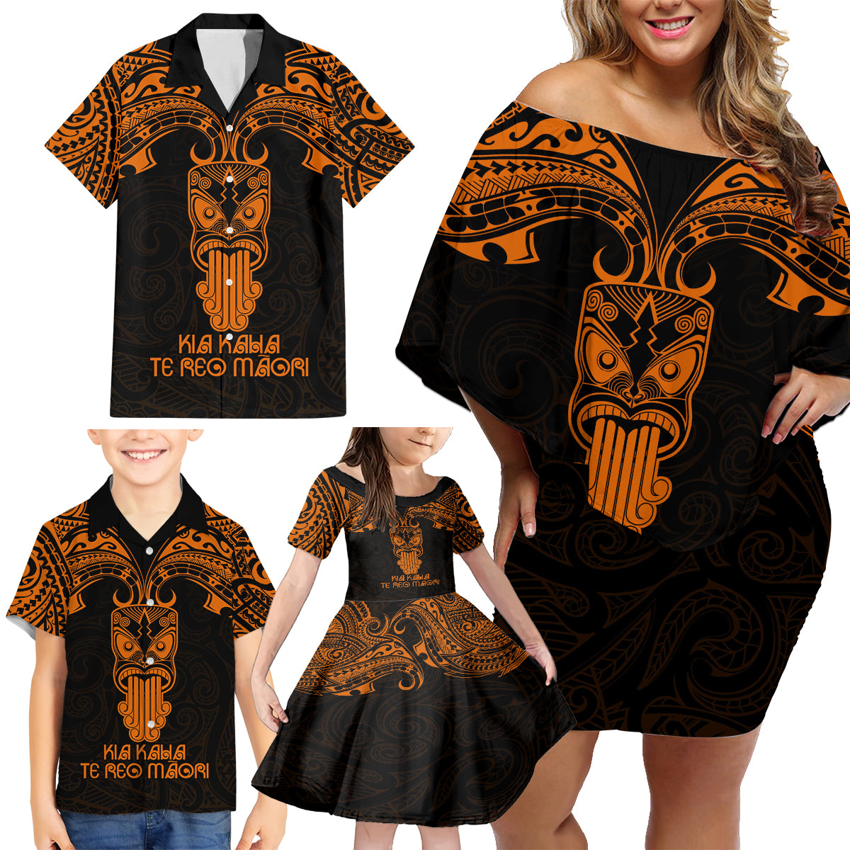 Personalised New Zealand Te Reo Maori Family Matching Off Shoulder Short Dress and Hawaiian Shirt Kia Kaha Maori Language Week Gold Style LT9 - Polynesian Pride