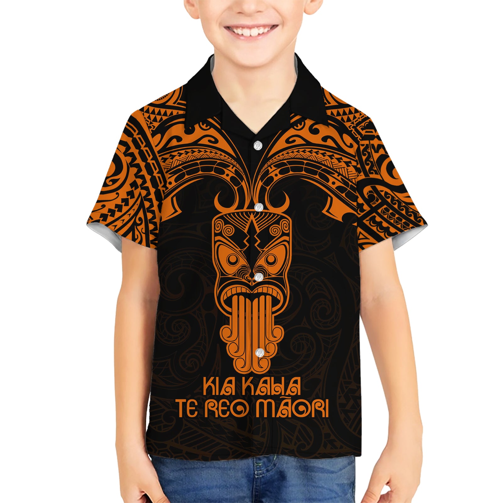 Personalised New Zealand Te Reo Maori Kid Hawaiian Shirt Kia Kaha Maori Language Week Gold Style LT9 Kid Gold - Polynesian Pride