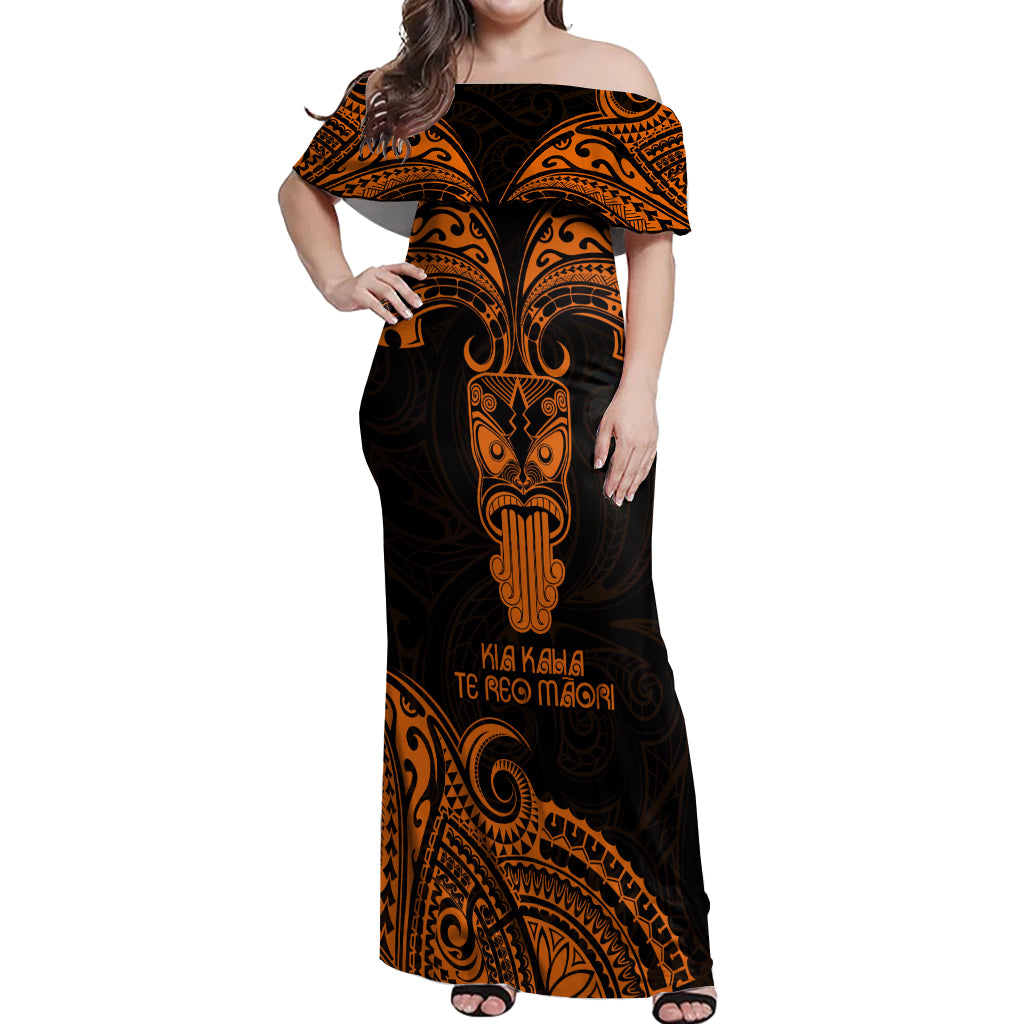 Personalised New Zealand Te Reo Maori Off Shoulder Maxi Dress Kia Kaha Maori Language Week Gold Style LT9 Women Gold - Polynesian Pride