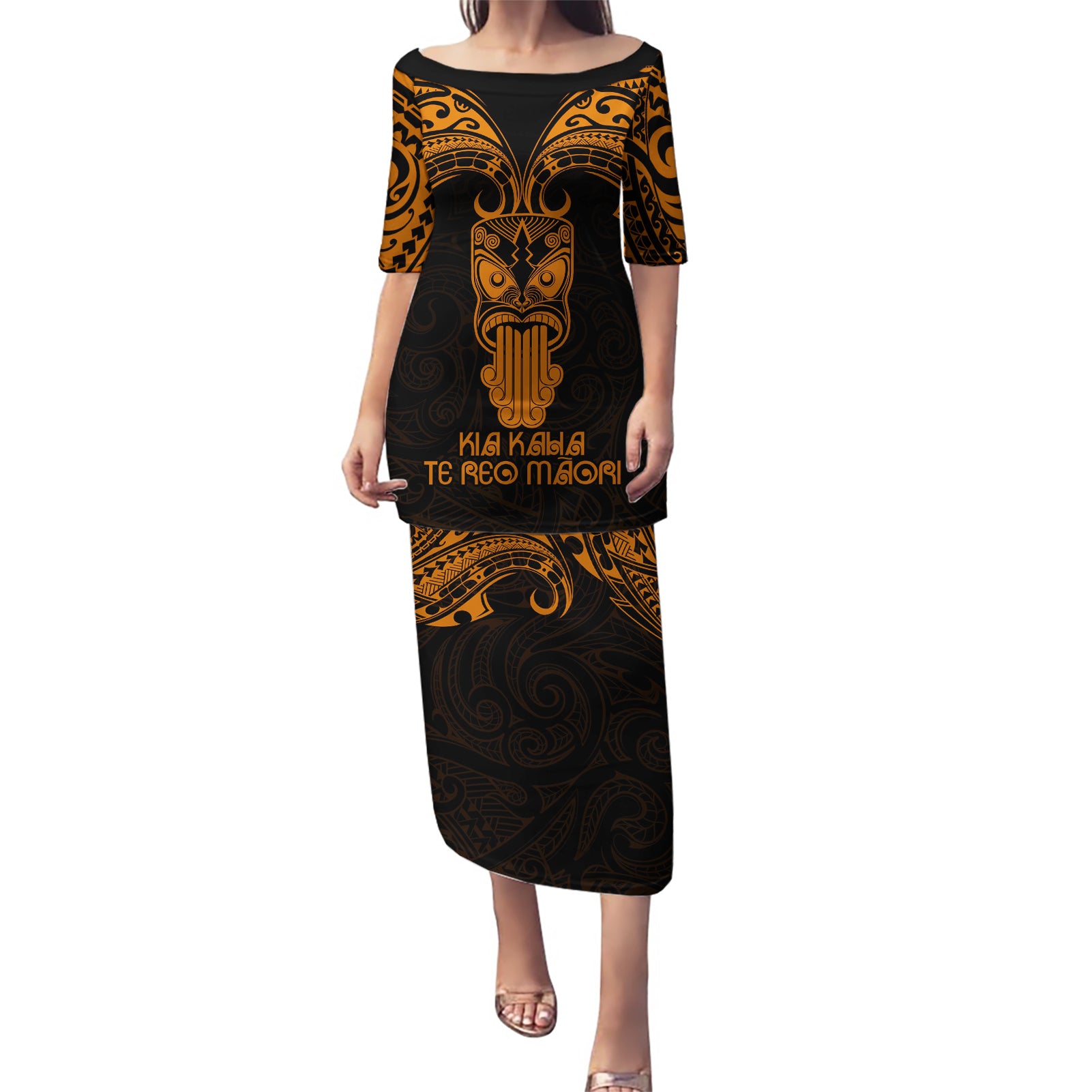 Personalised New Zealand Te Reo Maori Puletasi Kia Kaha Maori Language Week Gold Style LT9 Long Dress Gold - Polynesian Pride