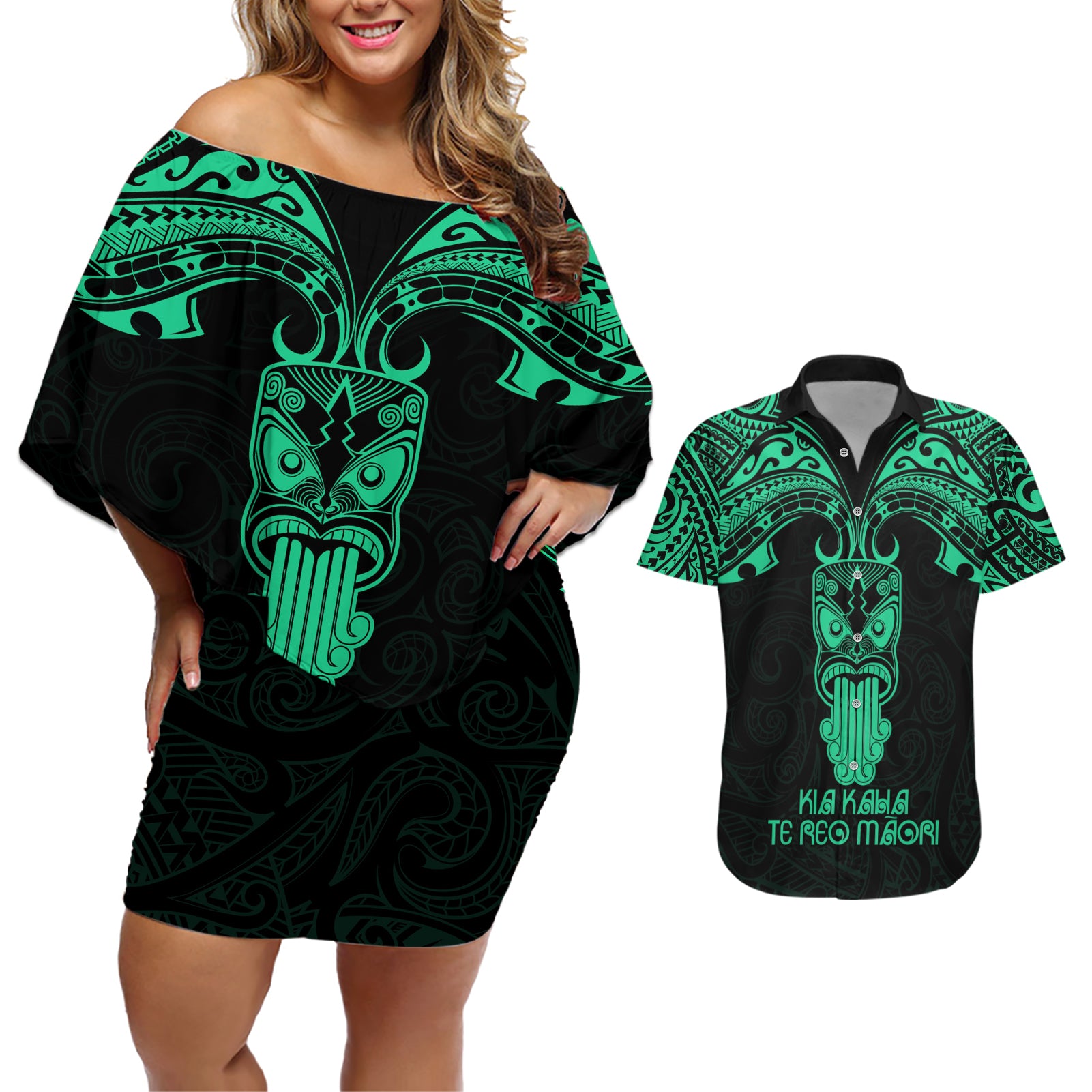 Personalised New Zealand Te Reo Maori Couples Matching Off Shoulder Short Dress and Hawaiian Shirt Kia Kaha Maori Language Week Green Style LT9 Green - Polynesian Pride