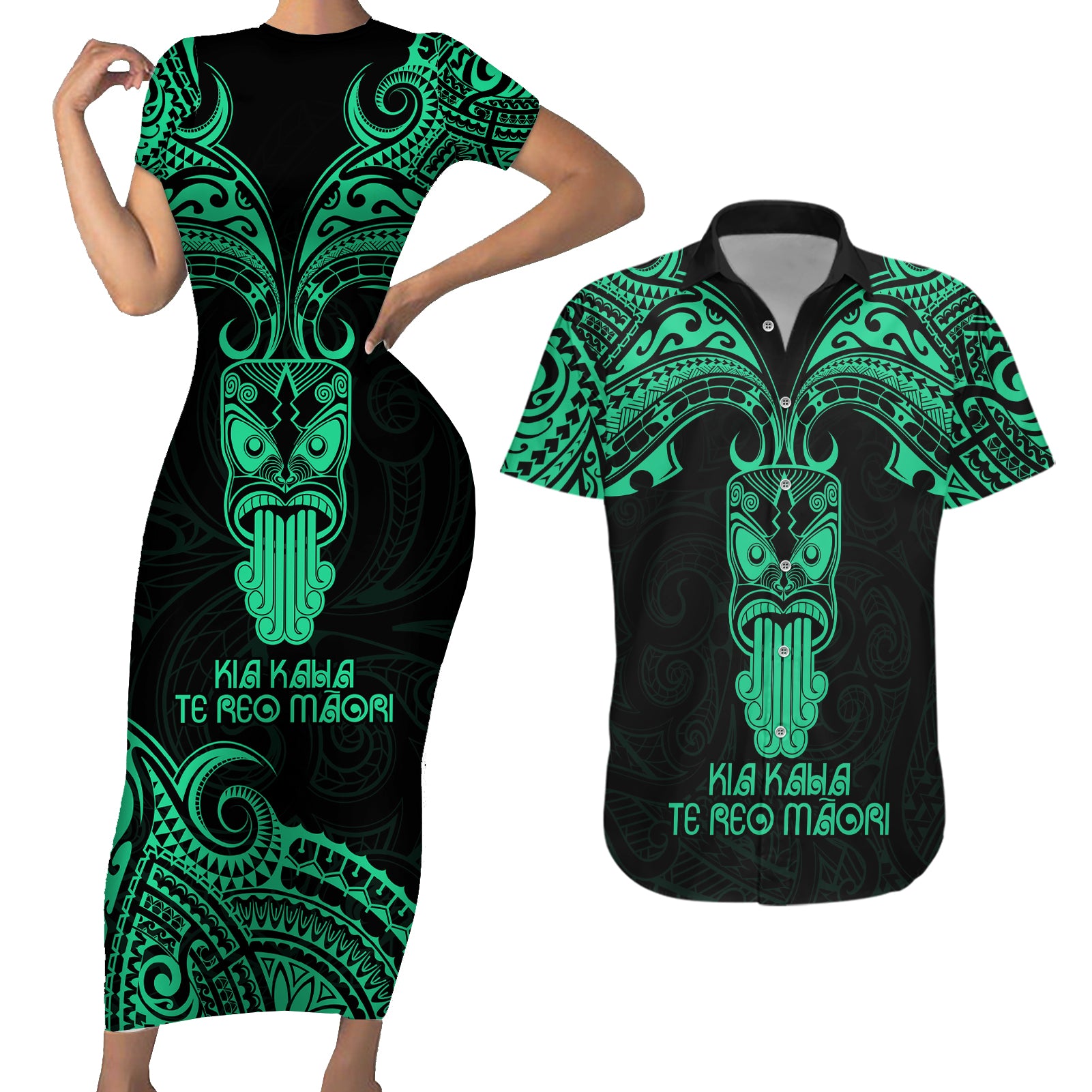 Personalised New Zealand Te Reo Maori Couples Matching Short Sleeve Bodycon Dress and Hawaiian Shirt Kia Kaha Maori Language Week Green Style LT9 Green - Polynesian Pride